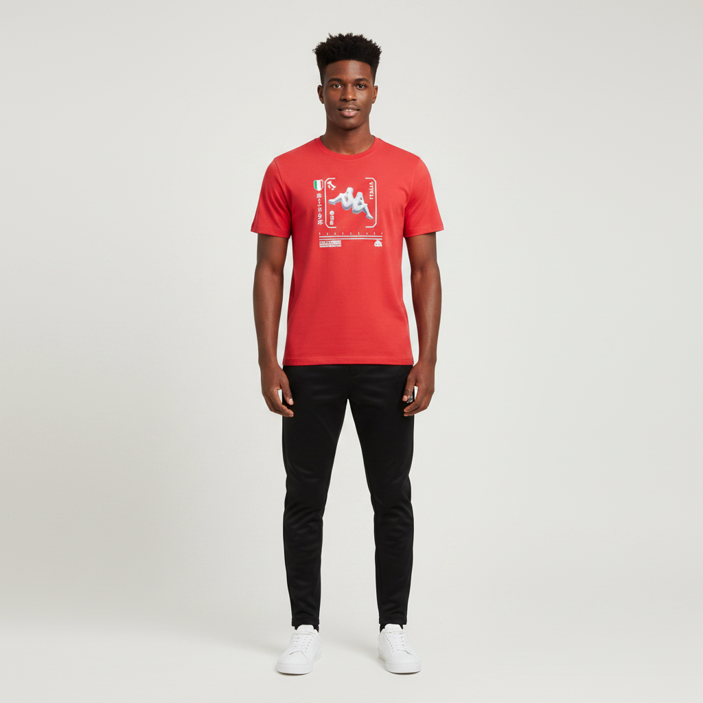 Young Nigerian male wearing bold red Kappa Italia 3D logo graphic crew neck tee