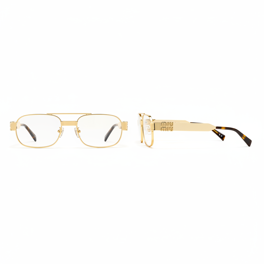 Unisex rectangular navigator fashion glasses with gold double bridge and clear lenses – front and side ghost mannequin view on white background