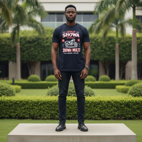 Navy Motorcycle Graphic Short-Sleeved Shirt - Model Front