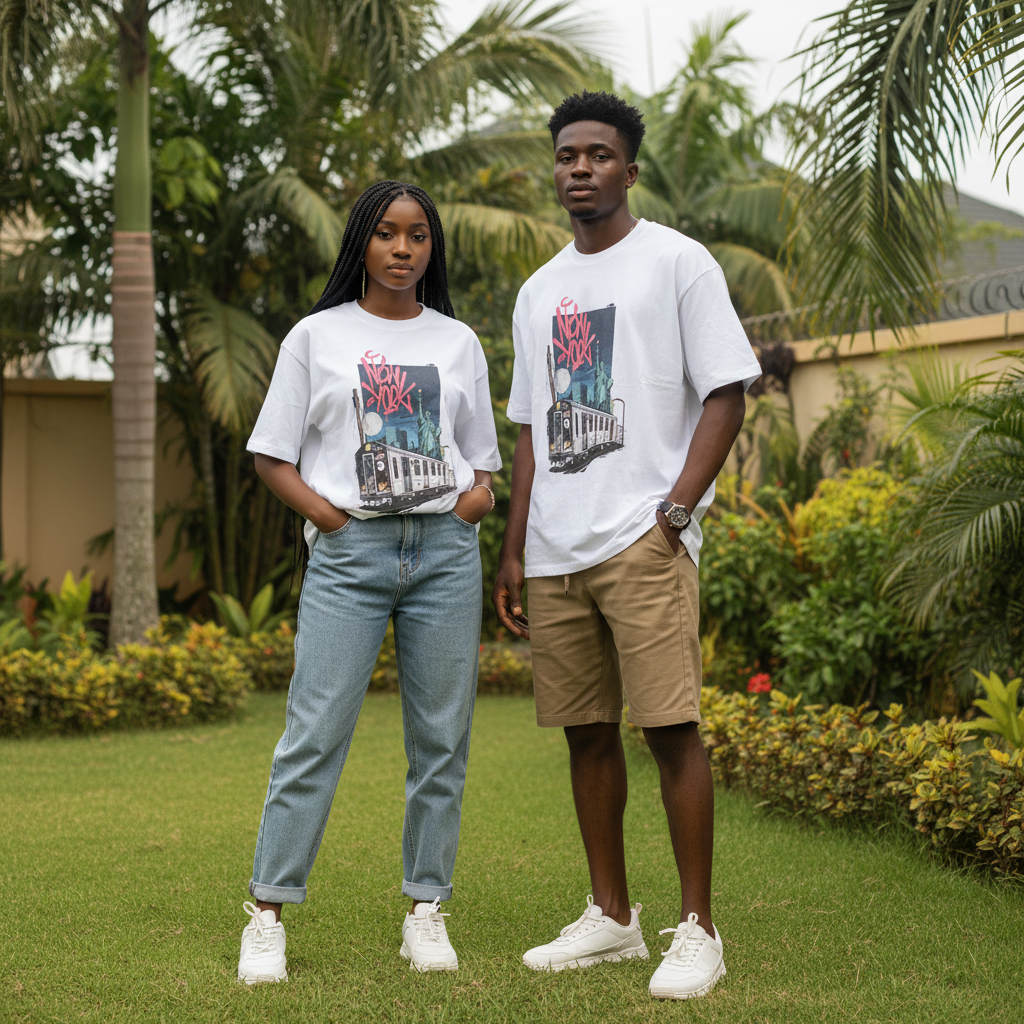 Unisex White New York Graphic Oversized Tee - Nigerian Male and Female Models