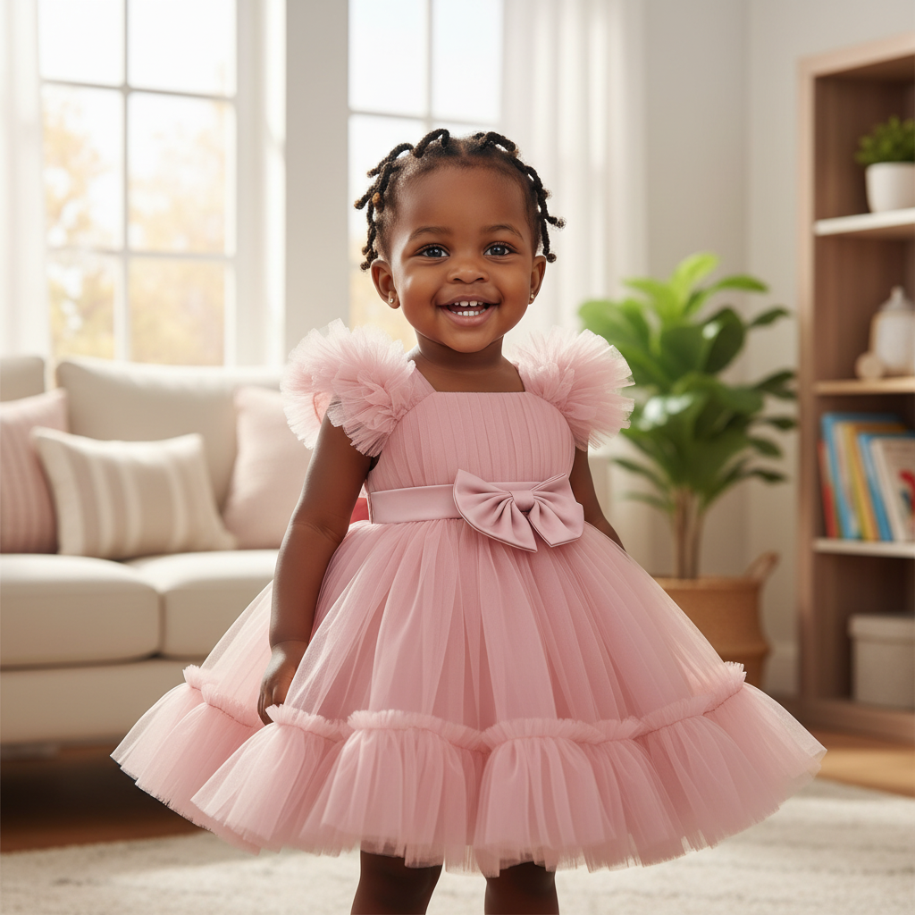 Young Nigerian baby girl wearing blush pink puff sleeve tulle dress