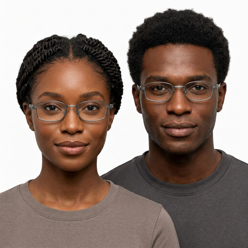 Black adult woman and man wearing silver-tone rounded rectangular clear-lens eyeglasses