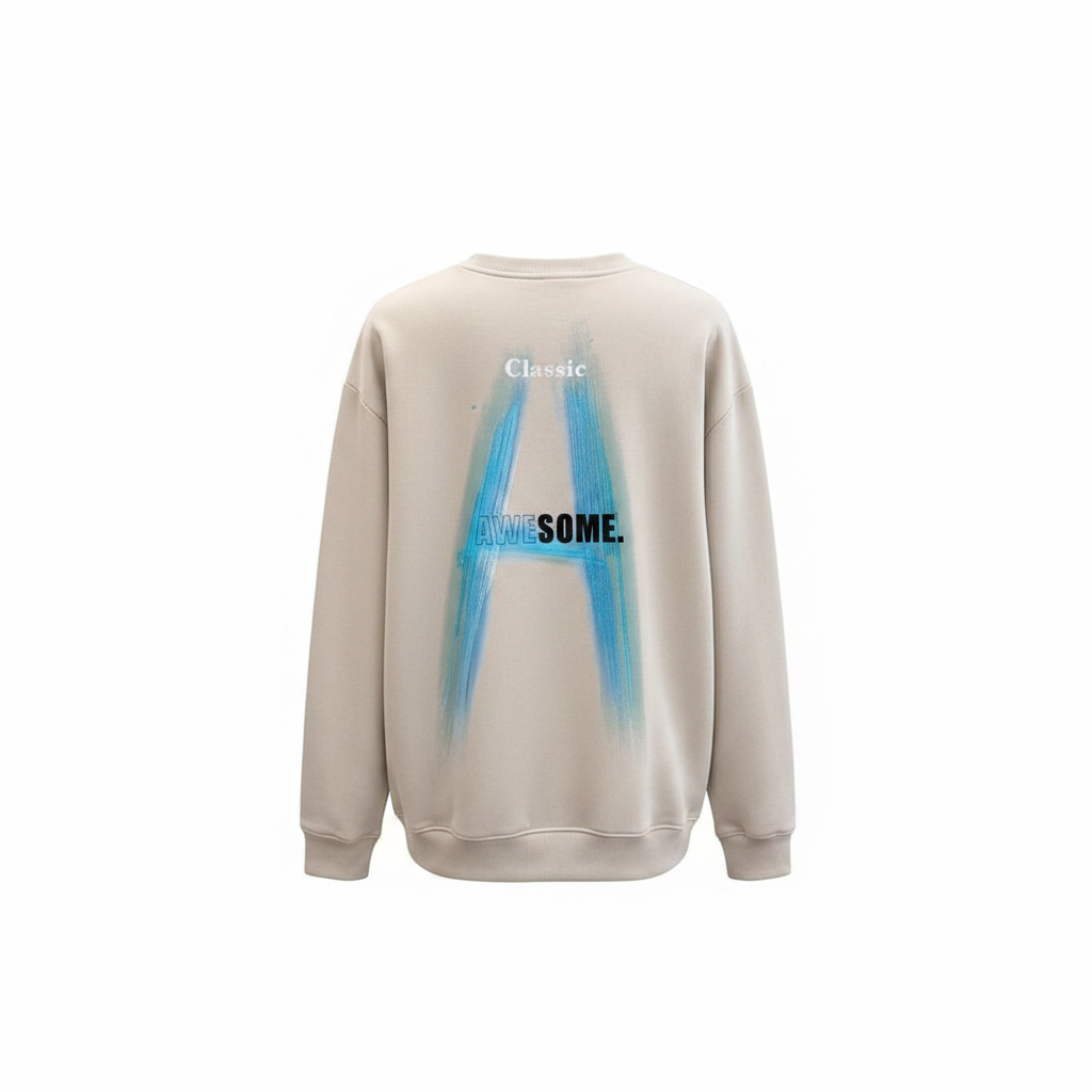 Unisex off-white sweatshirt with large blue spray-paint letter graphic – ghost mannequin back view