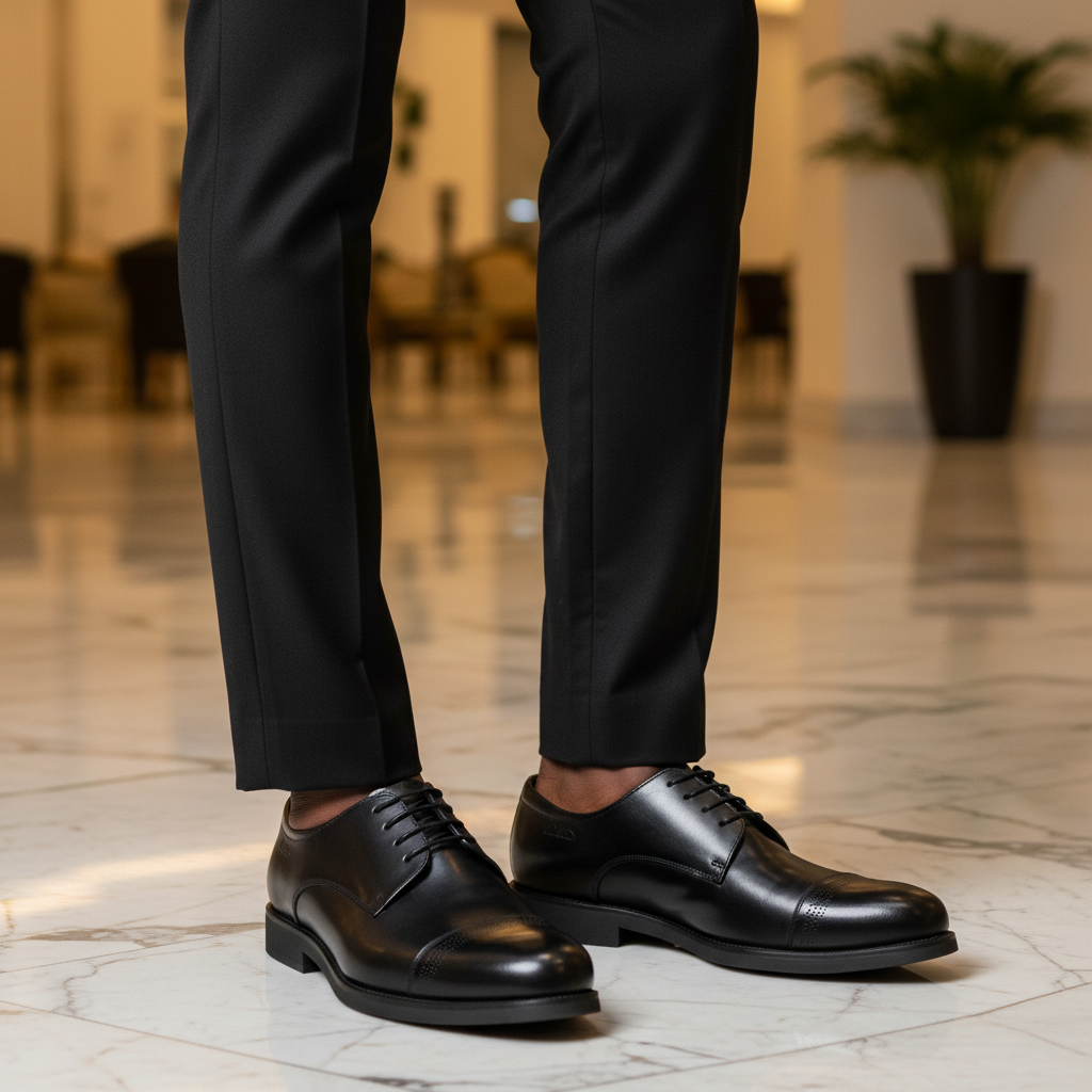 Nigerian male model wearing black polished leather cap toe brogue Derby shoes, tight zoomed-in boardroom-luxury leg focus lifestyle shot