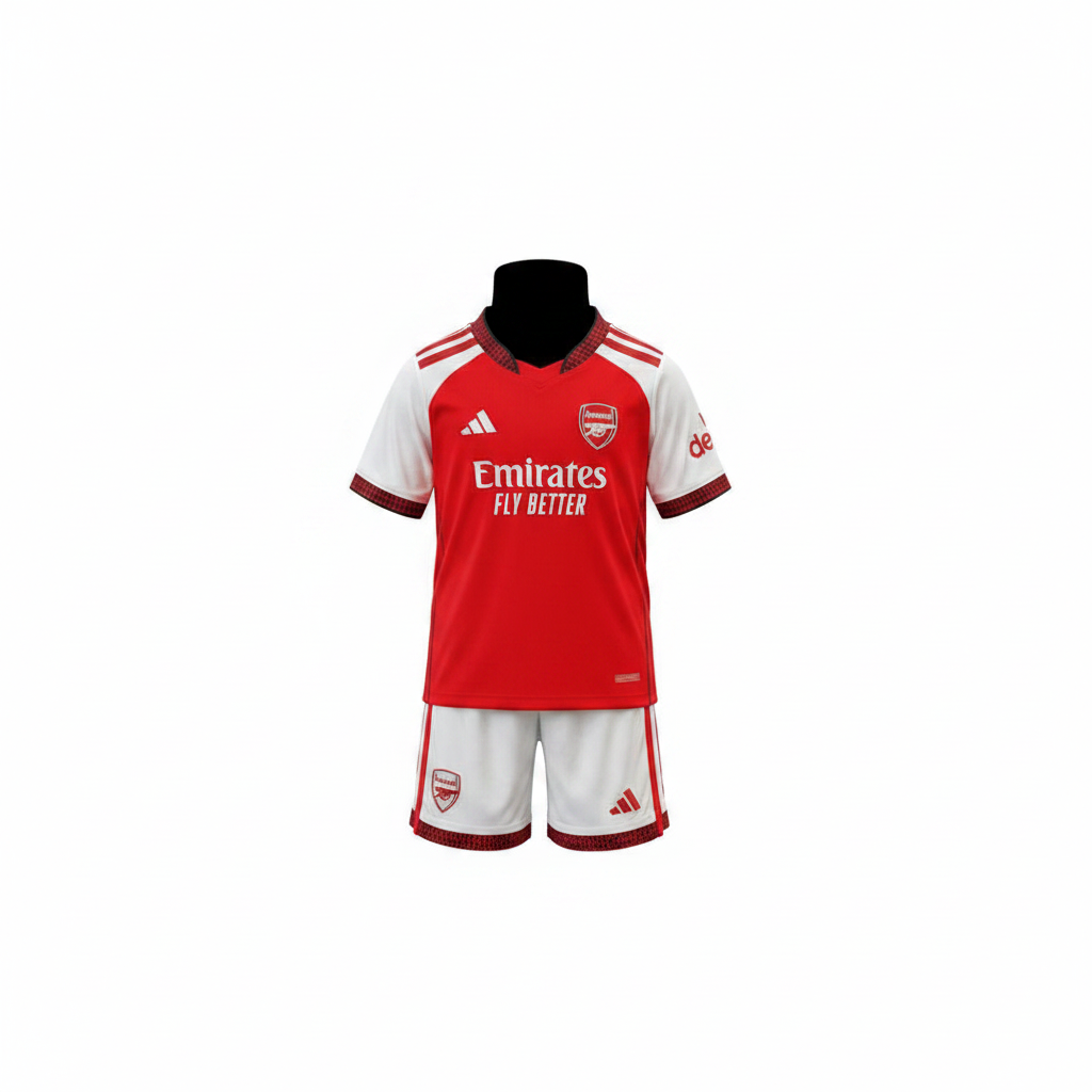 Arsenal FC kids football kit ghost mannequin — red Adidas jersey and white shorts