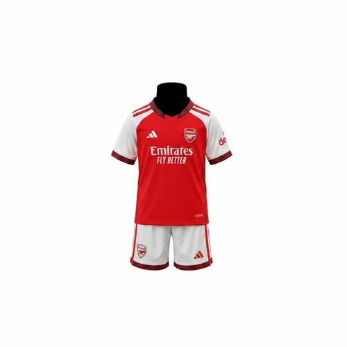 Arsenal FC kids football kit ghost mannequin — red Adidas jersey and white shorts