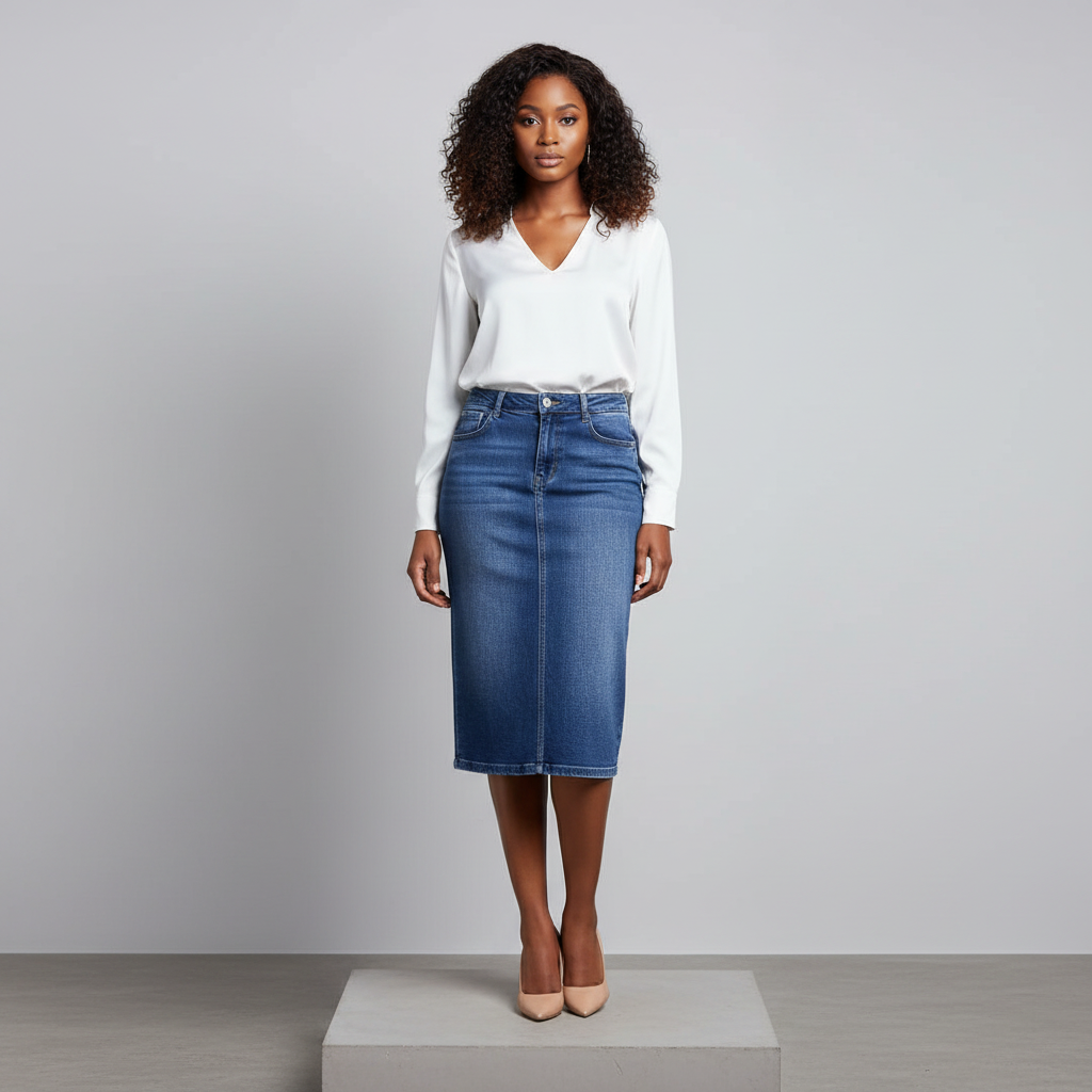 Blue Faded Wash Midi Pencil Denim Skirt - Model Front