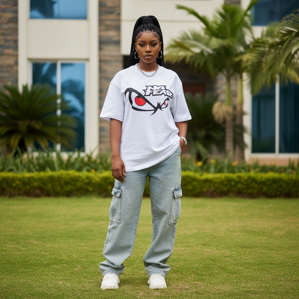 Nigerian female model wearing white angry eyes mascot graphic oversized tee – front view