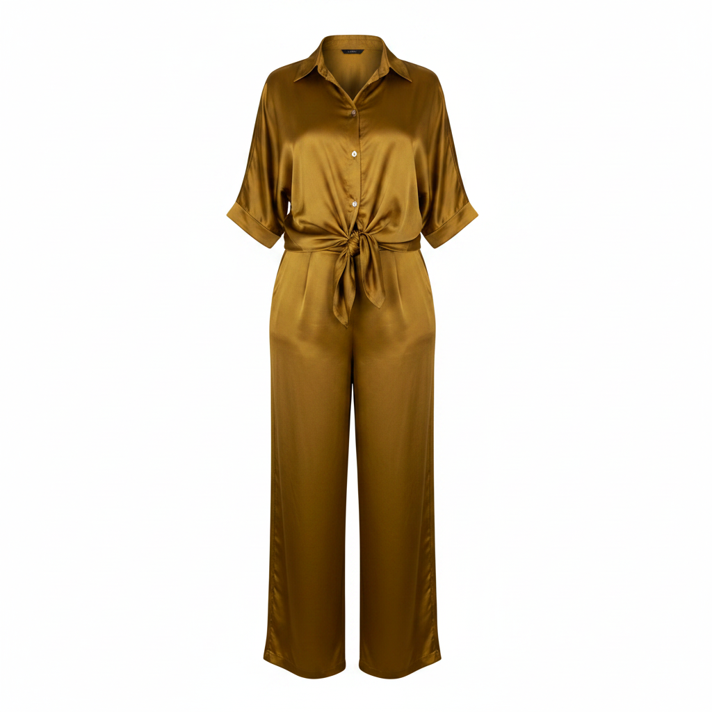 Women's mustard satin tie-front shirt and wide-leg trouser co-ord set – ghost mannequin view