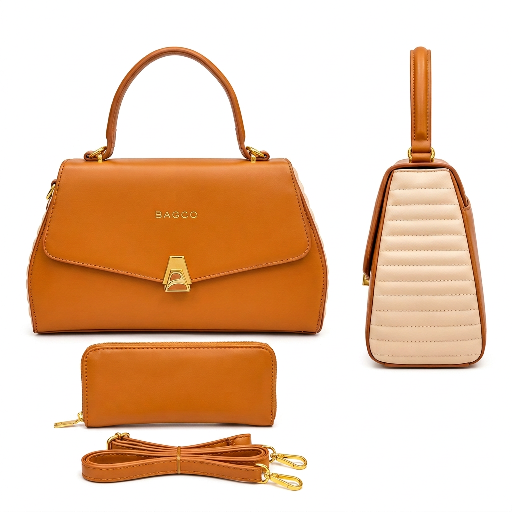 Caramel and cream handbag front and side views with matching wallet and shoulder strap