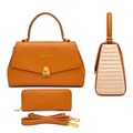 Caramel and cream handbag front and side views with matching wallet and shoulder strap