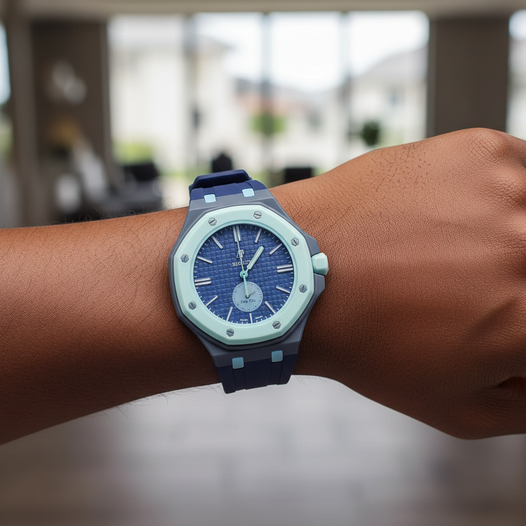 Nigerian model wearing unisex navy blue octagonal pop watch with light blue bezel on wrist