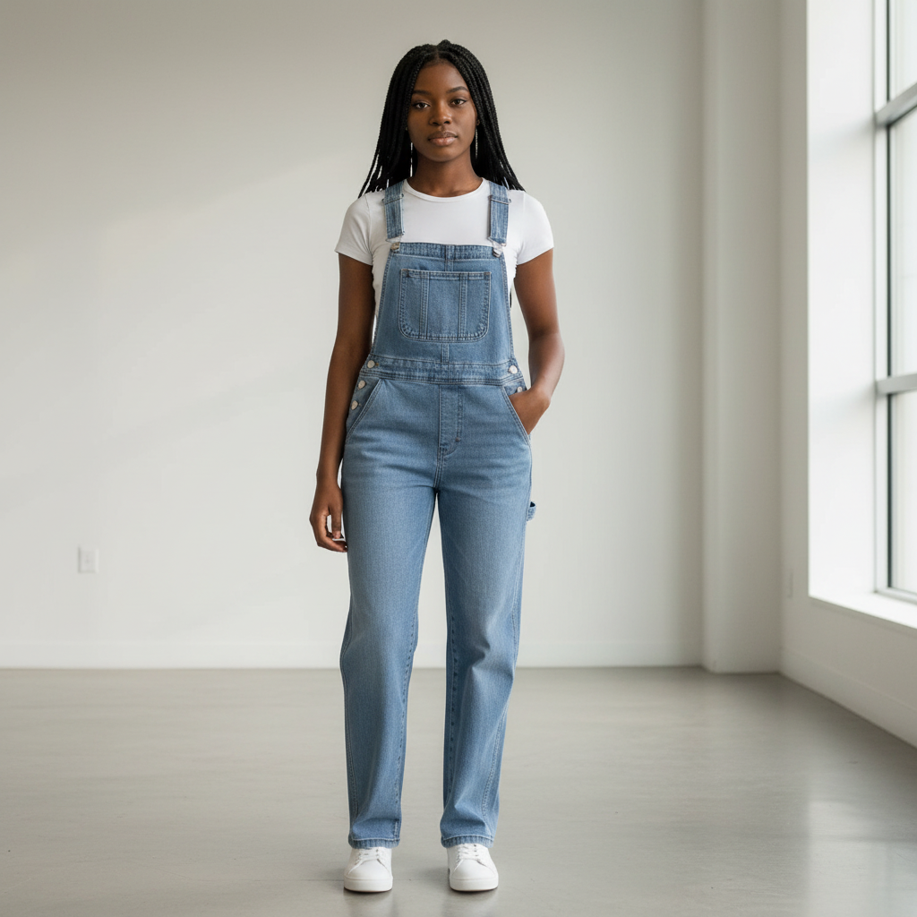 Denim dungaree overalls front view on model