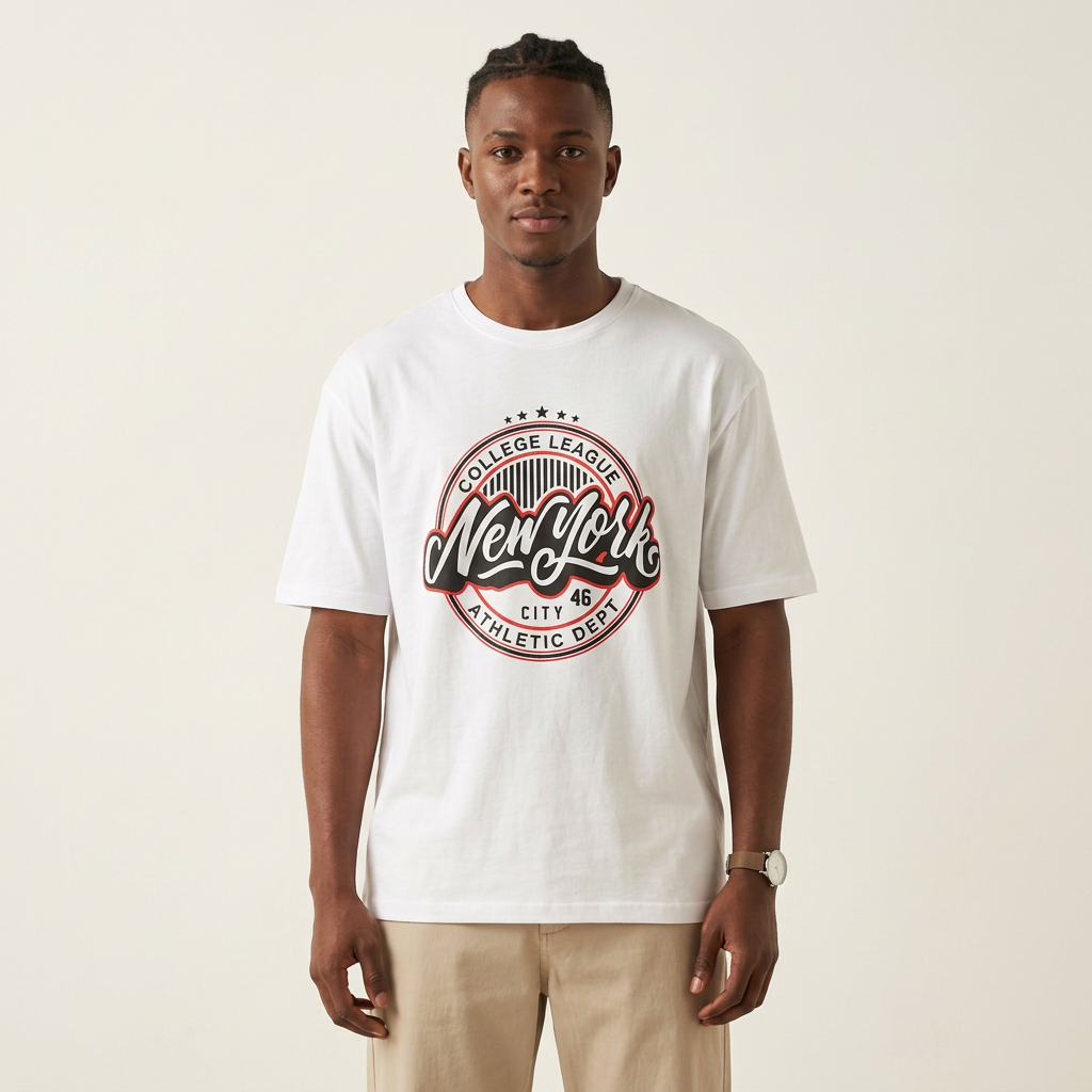 Model wearing white varsity emblem graphic T-shirt