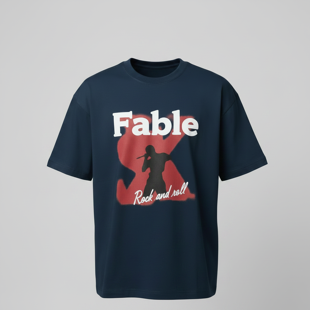 Navy Fable Rock and Roll Oversized Tee - Ghost Mannequin Front