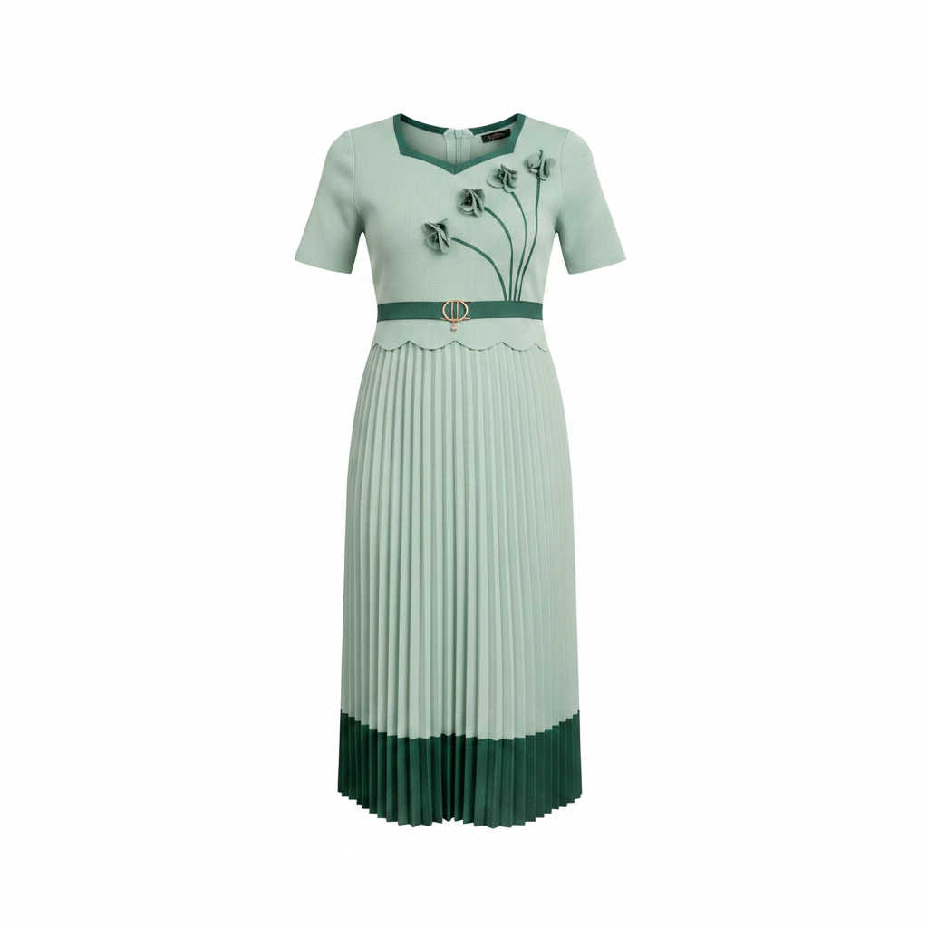 Girls' mint green pleated midi dress with floral appliqué ghost mannequin front view