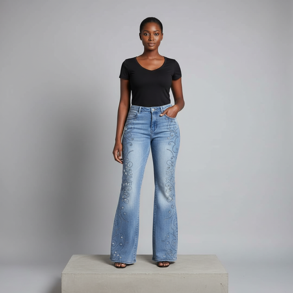 Light Blue Rhinestone Vine Flare-Leg Denim Jeans - Model Front