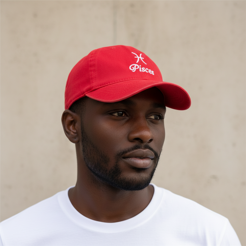 Nigerian male model wearing red Pisces zodiac dad cap close-up headshot