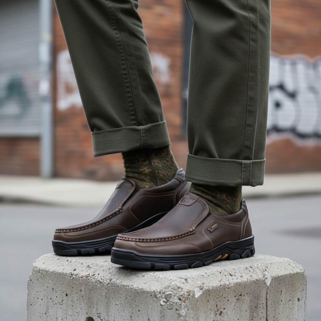 Model wearing dark brown waxed leather slip-on walking shoes with cream topstitching leg shot