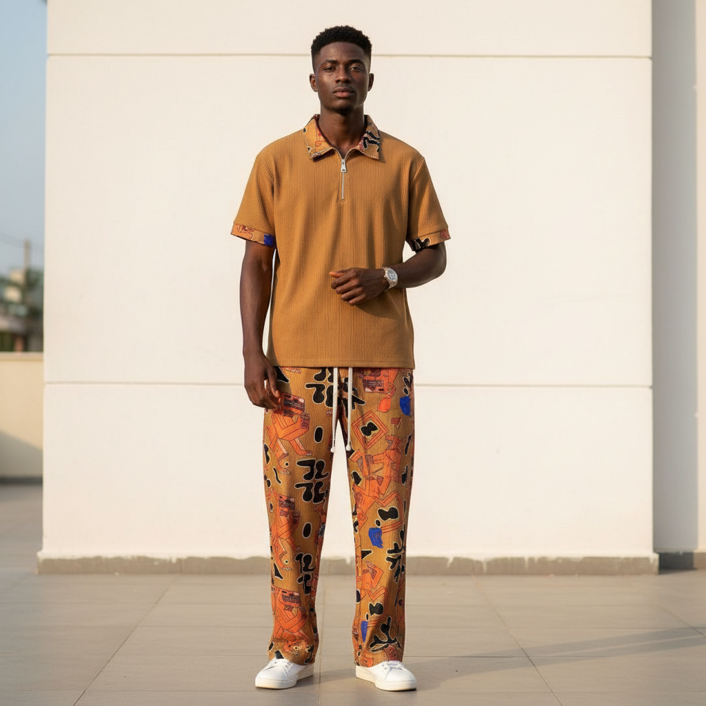 Male model wearing camel abstract print ribbed polo and trouser two-piece set