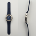 Silver cushion case navy blue dial navy rubber strap men's watch front and side view