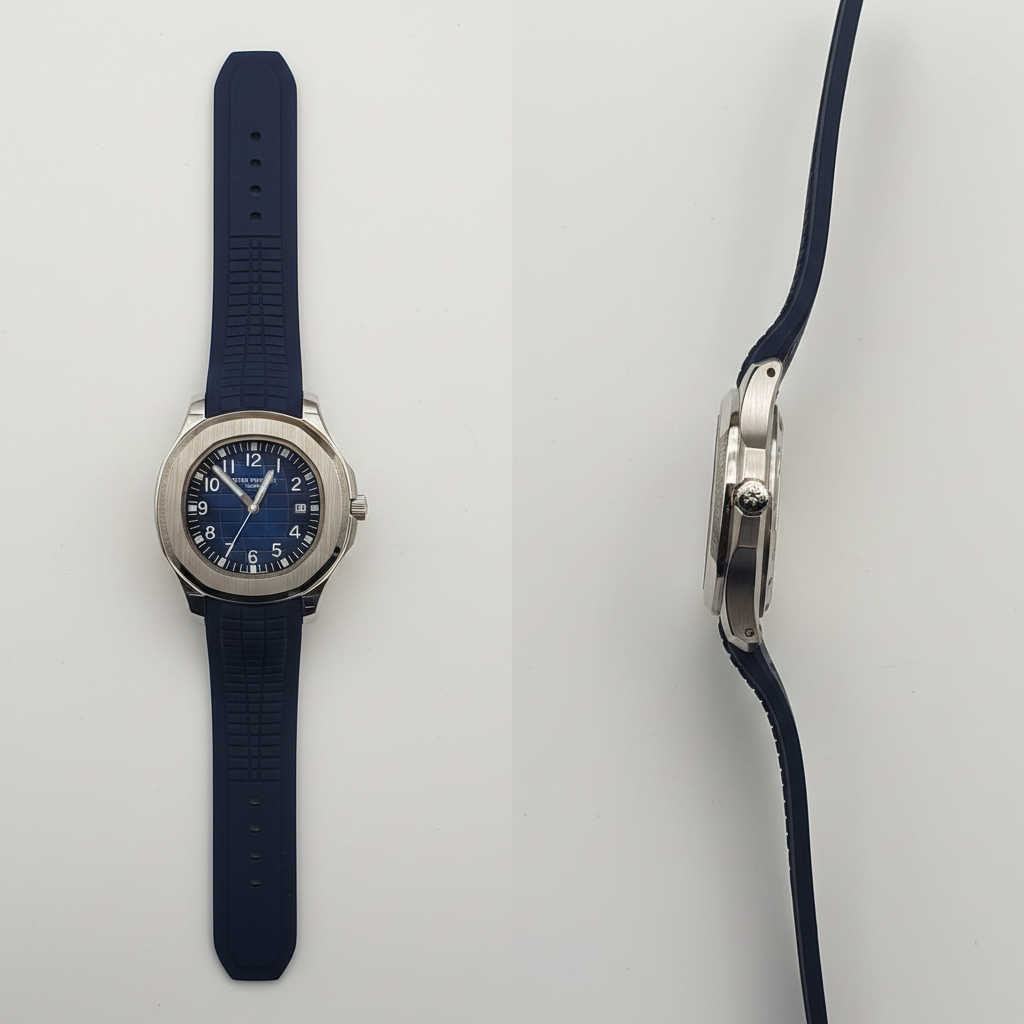 Silver cushion case navy blue dial navy rubber strap men's watch front and side view