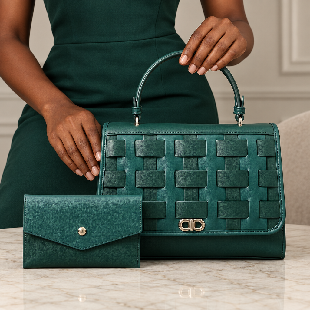 Black model hands holding a deep teal woven-panel structured handbag with matching envelope pouch