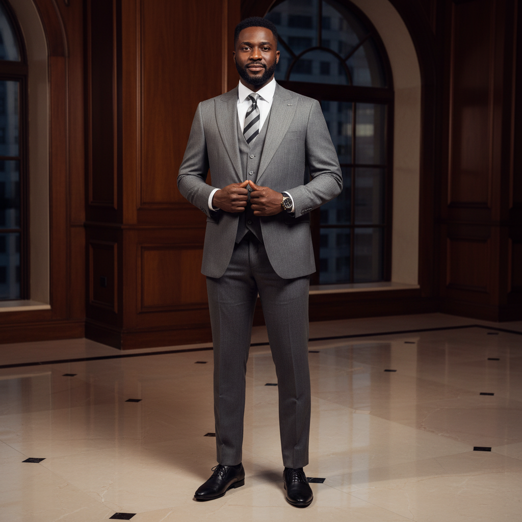 Nigerian male model wearing the Abuja Prestige charcoal grey three-piece suit, full body head to toe