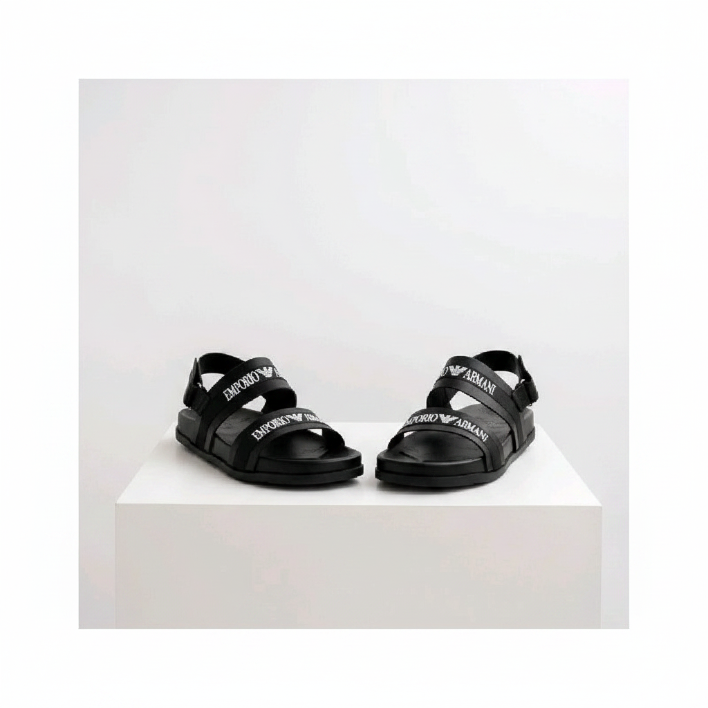 Men's black double-strap open-toe sandals pair on white platform