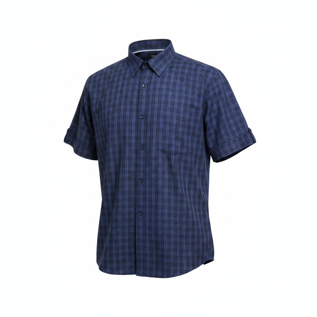 Ghost mannequin navy blue plaid short-sleeved shirt