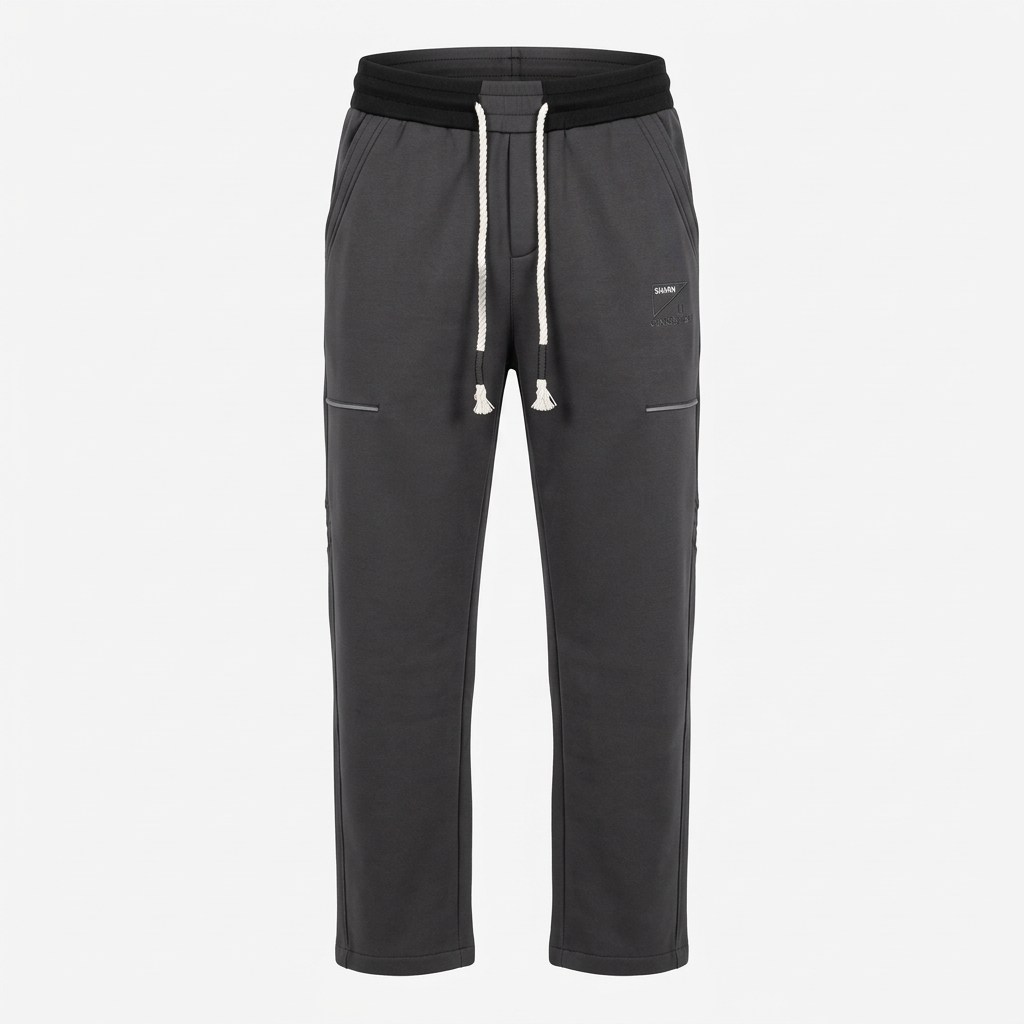 Men’s charcoal grey joggers with white rope drawstrings and thigh seam detailing, generated ghost mannequin view