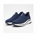 Men's navy blue knit laceless slip-on walking sneakers with chunky sole pair product shot