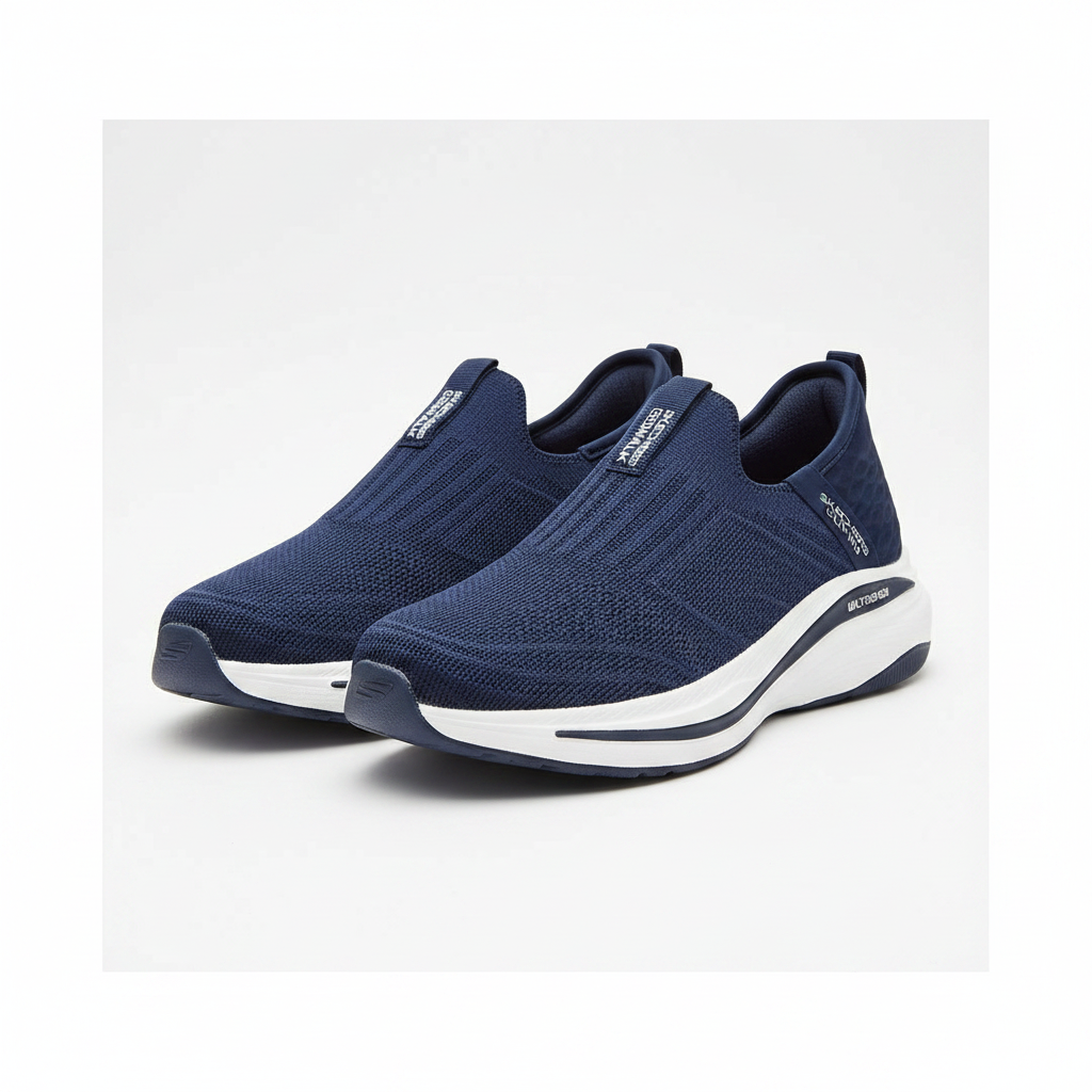 Men's navy blue knit laceless slip-on walking sneakers with chunky sole pair product shot