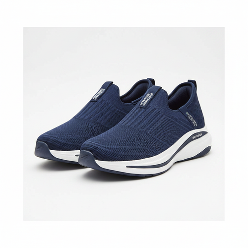 Men's navy blue knit laceless slip-on walking sneakers with chunky sole pair product shot