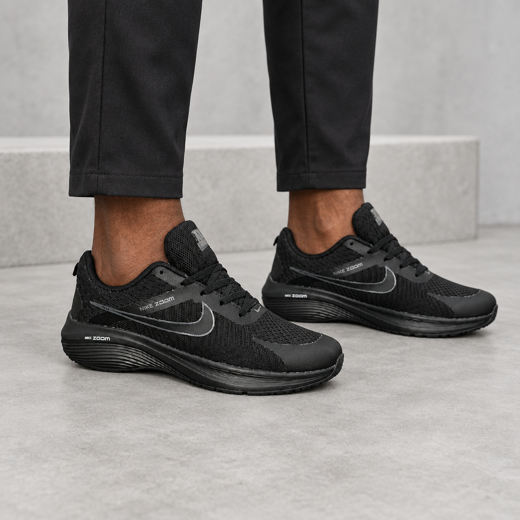 Black mesh running sneakers worn by a model, shown from the legs down