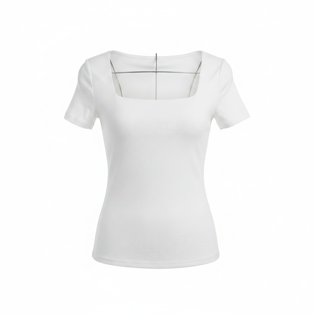 White Square-Neck Ribbed Short-Sleeved Shirt - Ghost Mannequin Front
