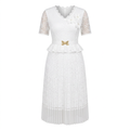 White lace-sleeve peplum pleated midi gown on an invisible mannequin