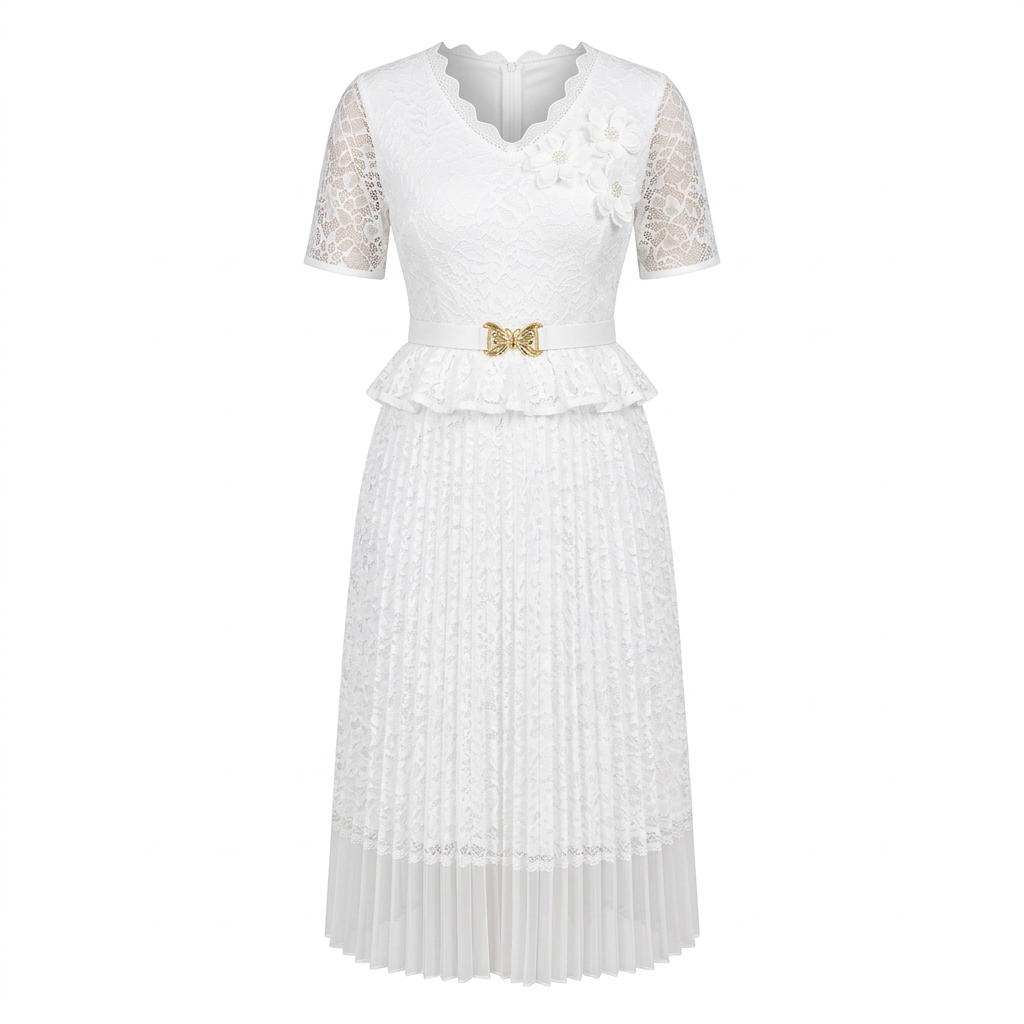 White lace-sleeve peplum pleated midi gown on an invisible mannequin