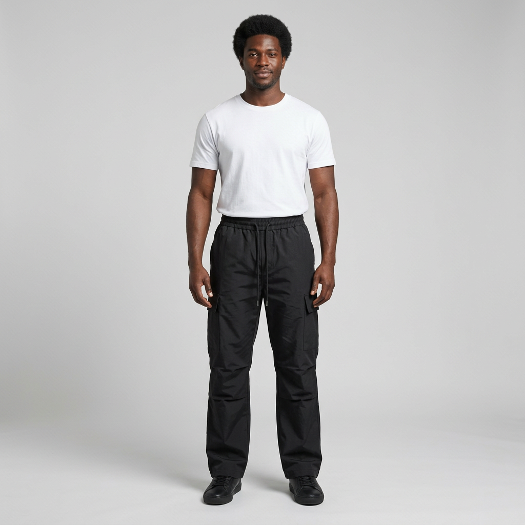 Full-body male model wearing black drawstring cargo trousers
