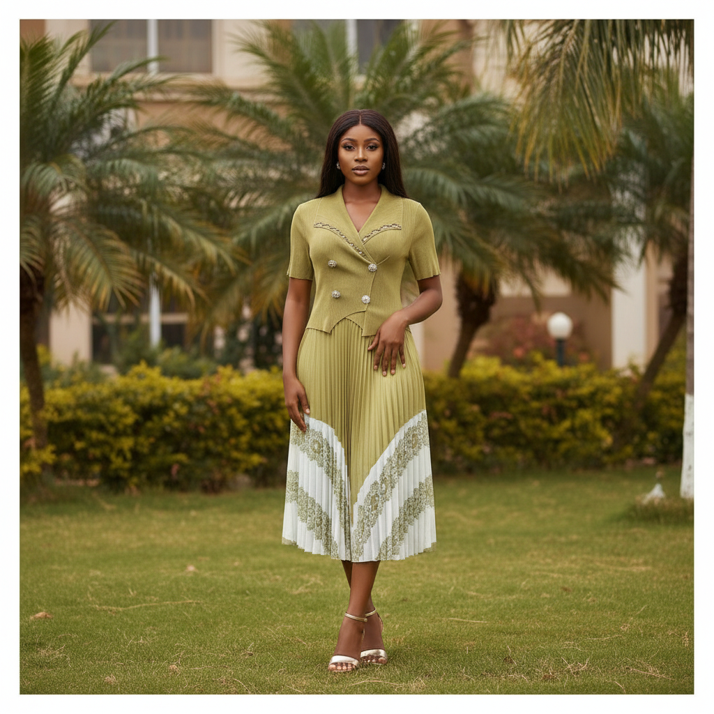 Women's olive green crystal bead trim pleated lace hem midi dress - model shot