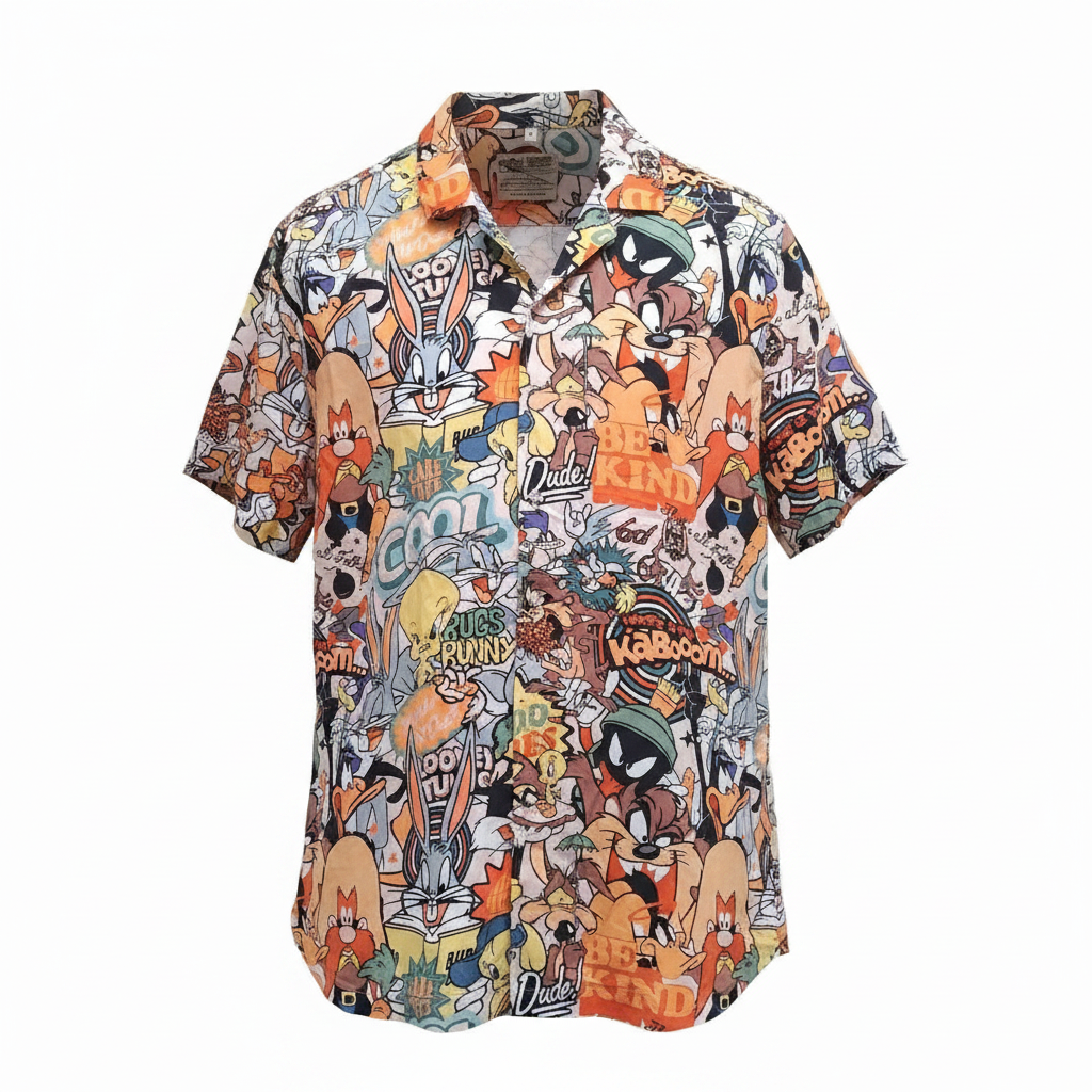 Ghost mannequin view of Looney Tunes all-over print short-sleeve shirt