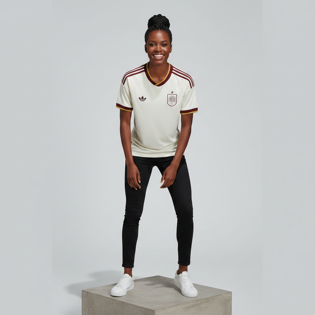Nigerian female model wearing cream maroon gold trim football jersey on concrete plinth