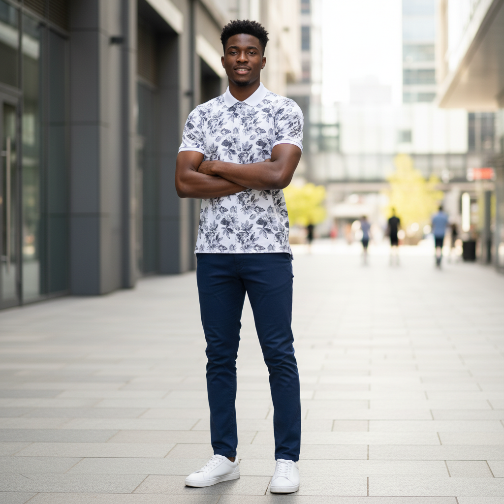 Young Nigerian male model wearing white botanical print polo shirt