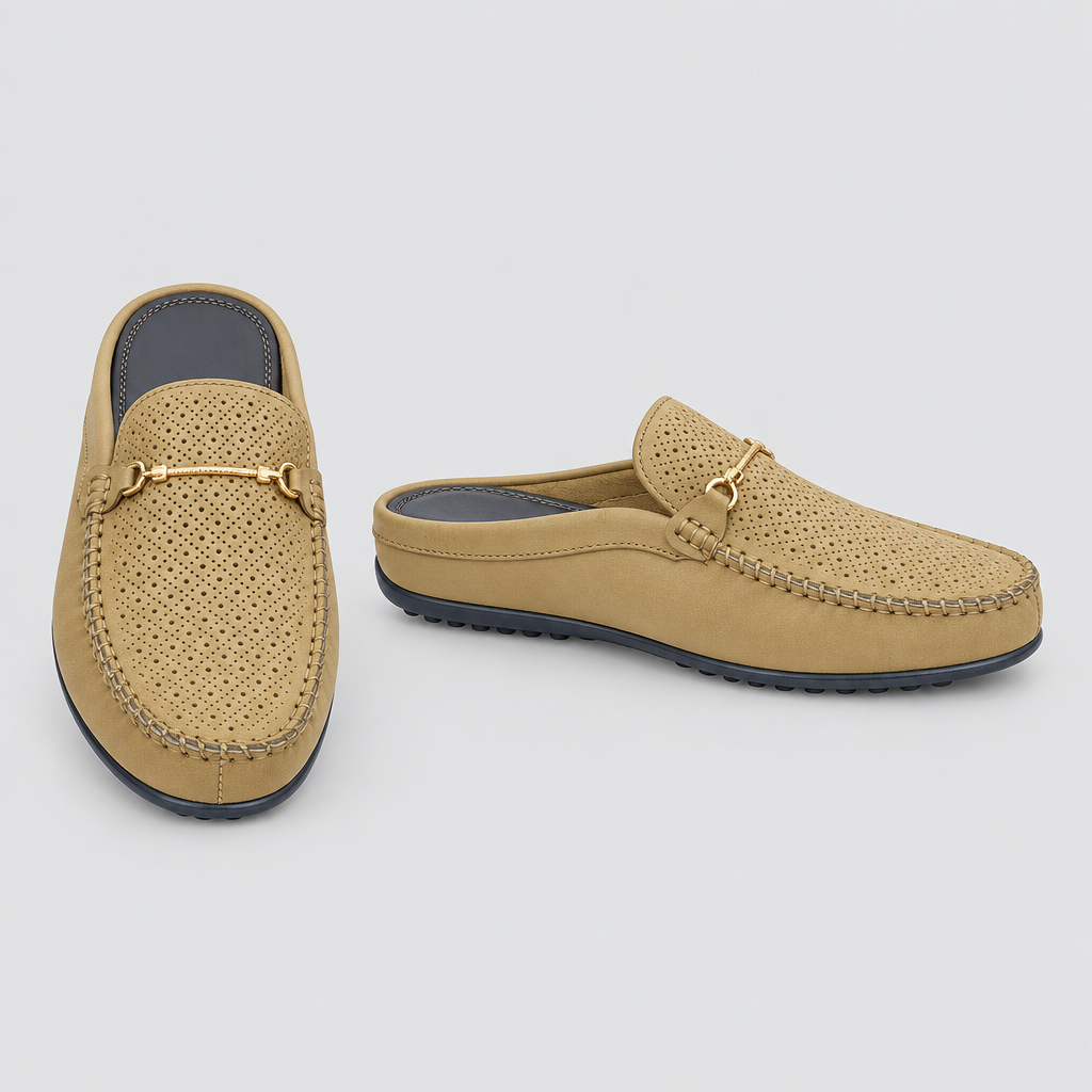 Men's tan perforated horsebit mule slippers, front and side view