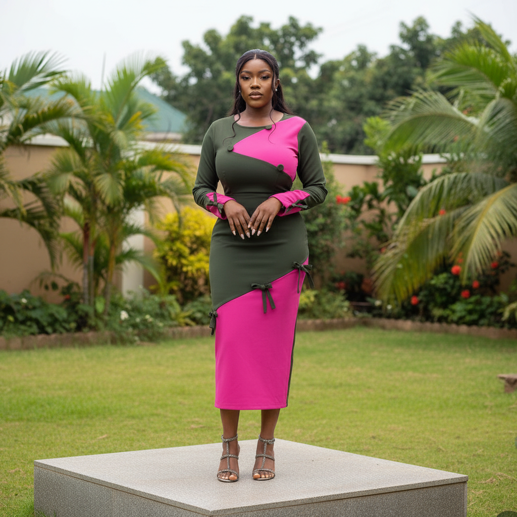 Women's Olive Green & Fuchsia Colour Block Tie Detail Midi Dress – Nigerian Female Model Shot