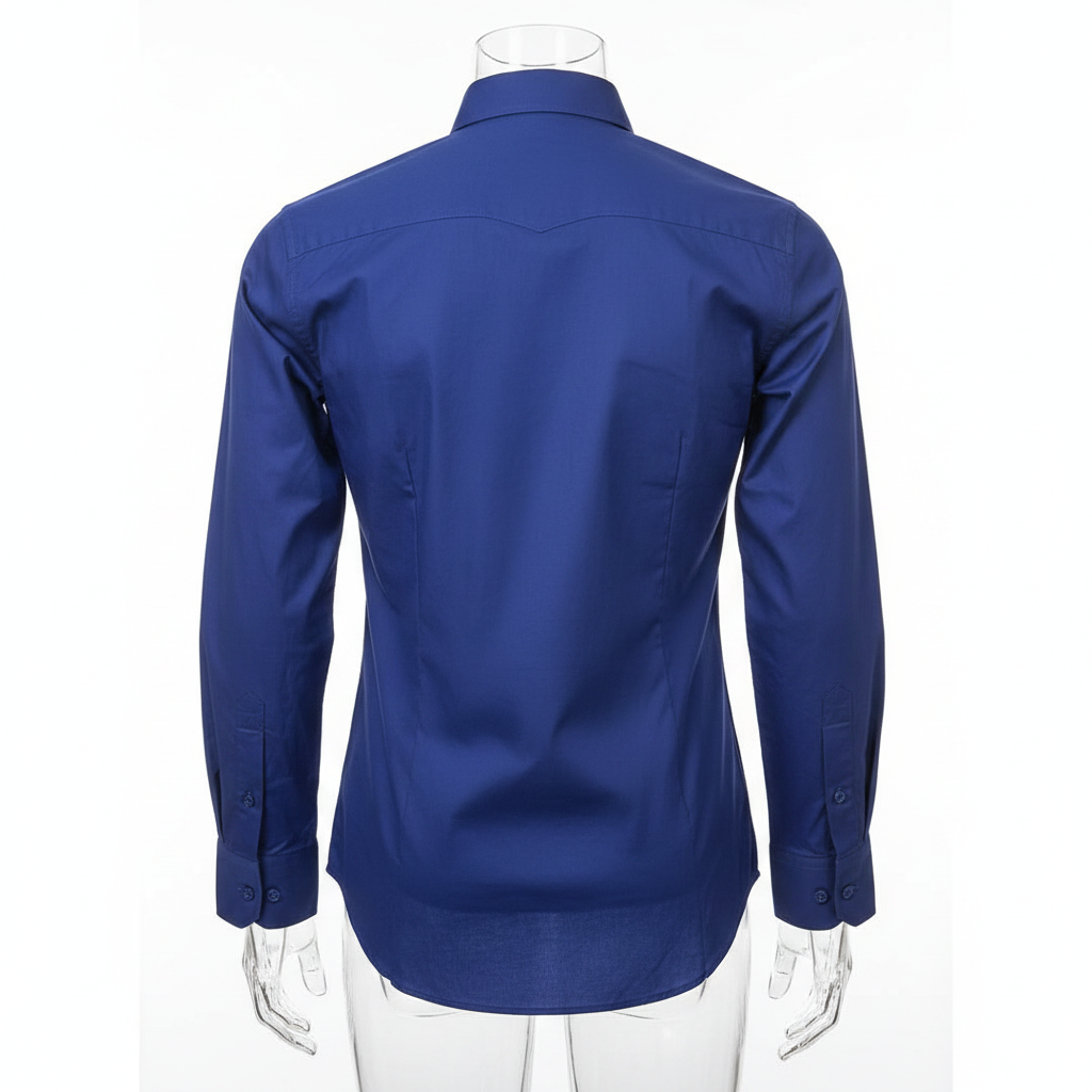 Cobalt blue plain long-sleeved shirt ghost mannequin back view