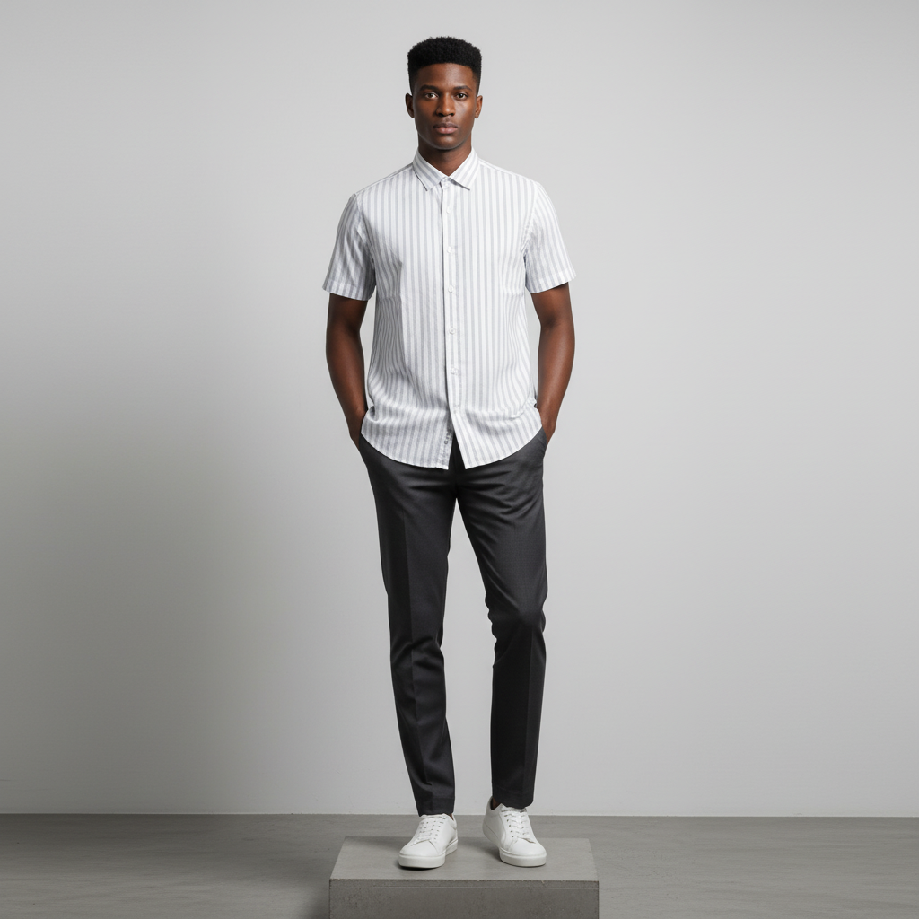 Nigerian male model wearing white light blue stripe short-sleeved shirt, front view