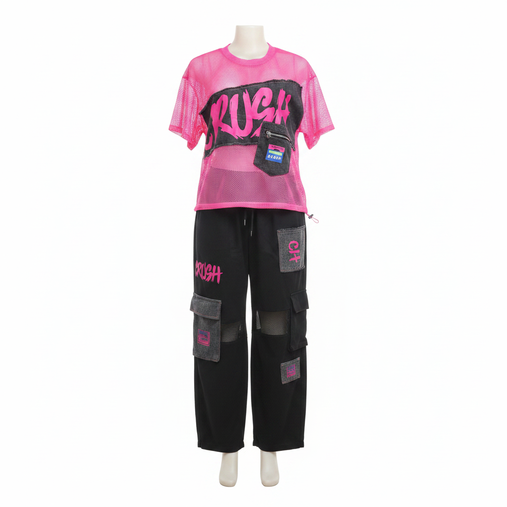 Neon Pink Black Mesh Graphic Co-ord Set - Ghost Mannequin Front View