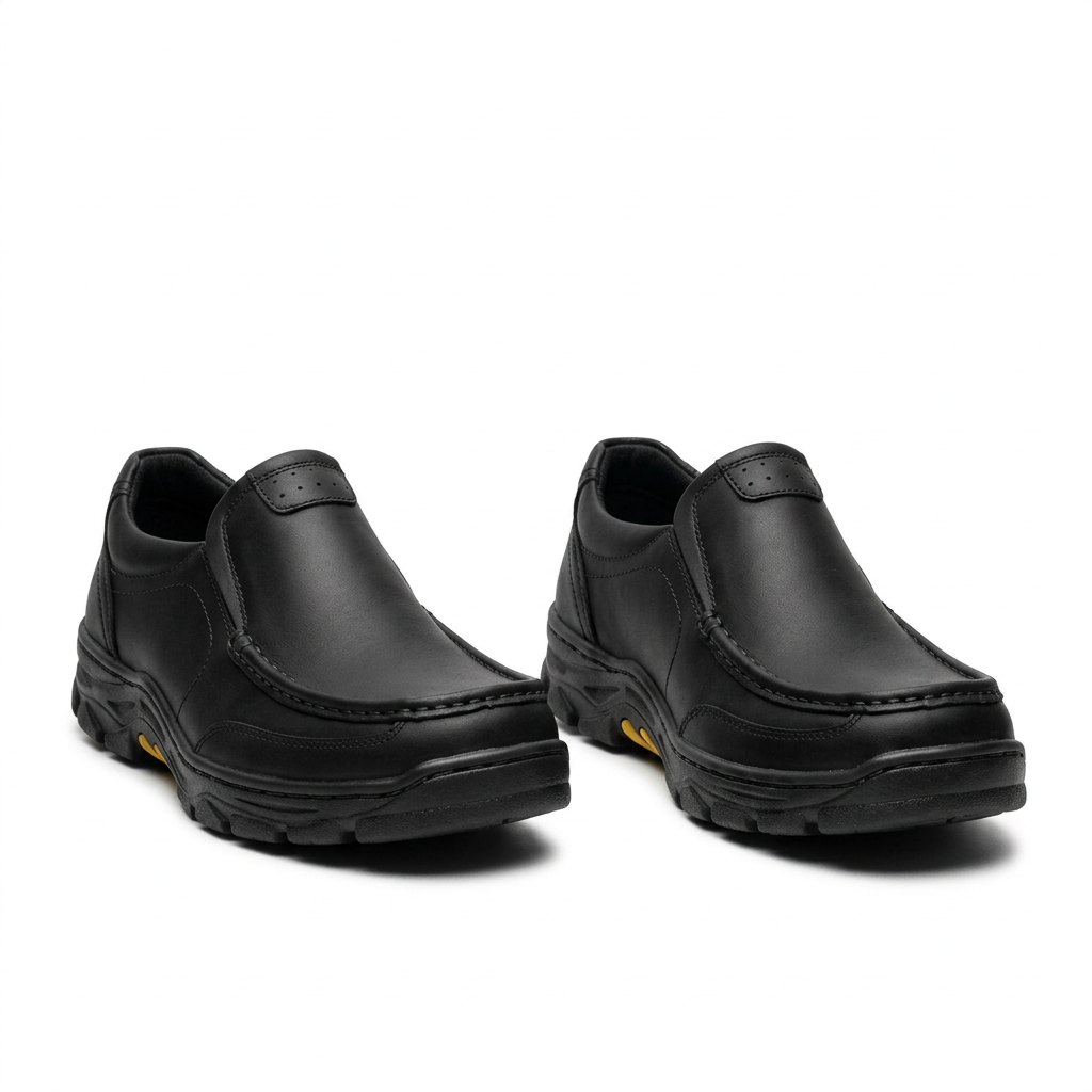 Pair of black apron-toe chunky-sole slip-on shoes on white background