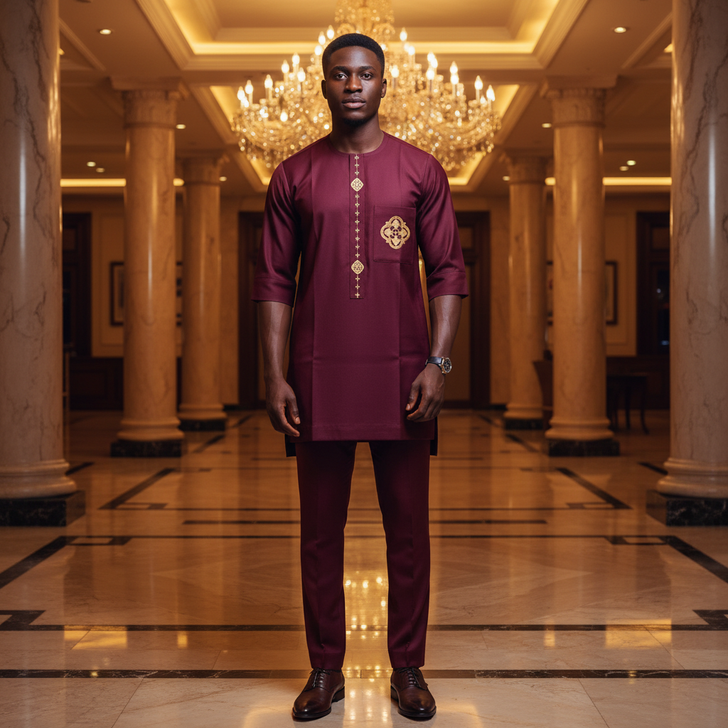 Chukmore Burgundy Gold-Embroidered Senator 2-Piece Set - Model Shot